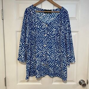 Nicaya Geometric Print Top Button Down‎ Blue White Print 3/4 Sleeve 3X Flowy